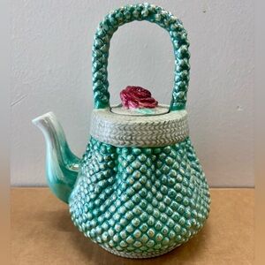 Vintage Green Teal Pearlscent Hobnob Hobnail Ceramic Tea Pot Cottagecore Rose